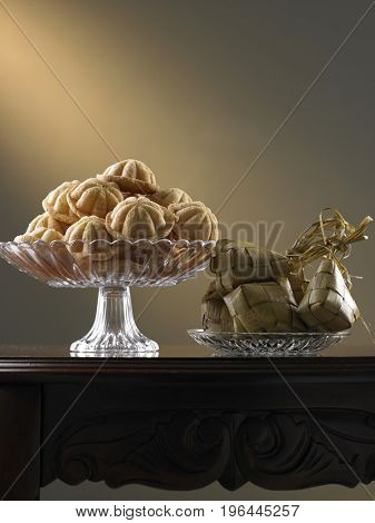 malaysia tradition food bahulu and ketupat on the glass plate