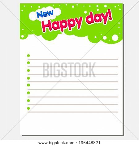 Notebook inside pages for baby notes. Vector illustration with the text New Happy Day
