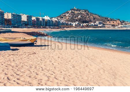 Sea Landscape In Blanes, Catalonia, Spain Near Of Barcelona. Scenic Town With Nice Sand Beach And Cl