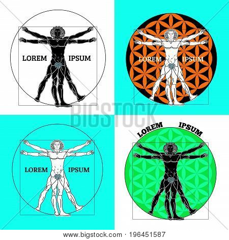 Vector illustration. Set of four vitruvian people in different execution.