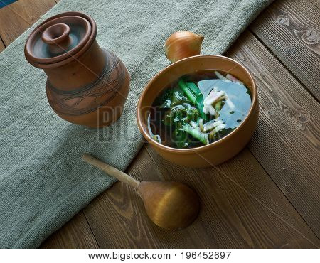 krosheva Grey stchi Russian cabbage soup . close up meal