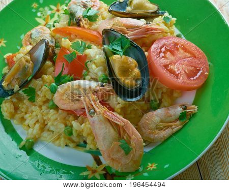 Mexican Dish Prepared With White Rice And Seafood.