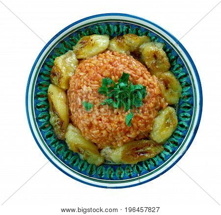 jollof rice with fried plantains Nigerian cuisine,