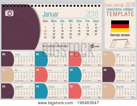 Useful desk triangle calendar 2018 template with space to place photos. Size: 220mm x 100mm. Format horizontal. Vector image. German version
