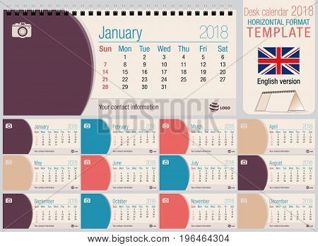 Useful desk triangle calendar 2018 template with space to place photos. Size: 220mm x 100mm. Format horizontal. Vector image. English version