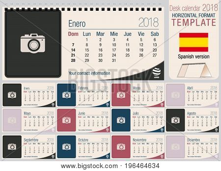 Useful desk triangle calendar 2018 template with space to place photos. Size: 220mm x 100mm. Format horizontal. Vector image. Spanish version
