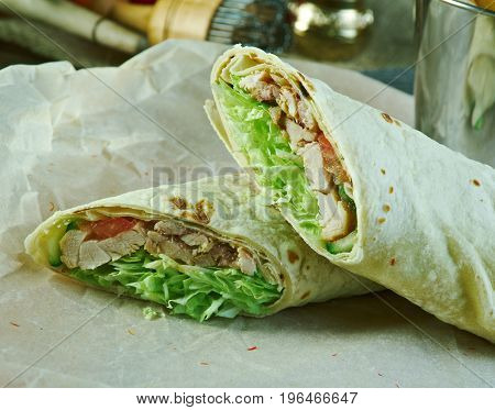 Eastern traditional.  Chicken shawarma close up fast