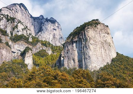 The rocky cliffs of the dalong waterfall scenic area in Yandangshan within Zhejiang province china.