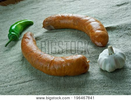 Krakowska Polish sausage kielbasa. made from cuts of lean pork seasoned with pepper allspice coriander and garlic