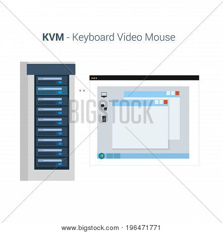 Vector Flat Illustration of a KVM or Keyboard Video Mouse Management Software. Includes Server Rack and Computer Screen