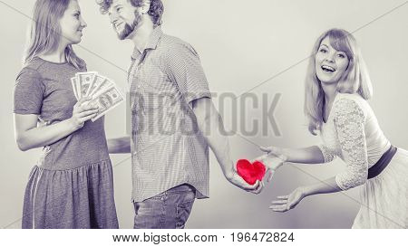 Cheating and cunning idea. Handsome sneaky man tricking rich woman for his true love. Triangle concept.
