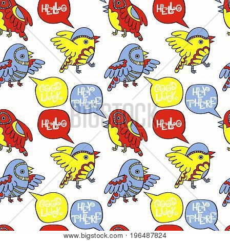 Hello. Hey there. Good luck. Birds. Seamless vector pattern (background).