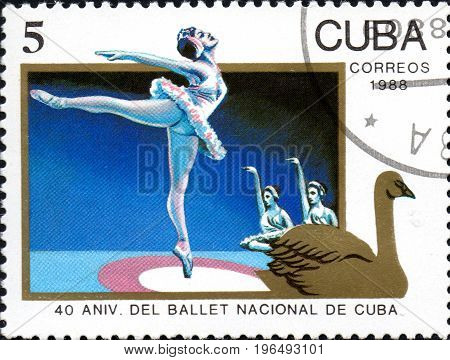 UKRAINE - CIRCA 2017: A postage stamp printed in Cuba shows Ballet dancer 40th Anniv of national Ballet from series Anniversary circa 1988