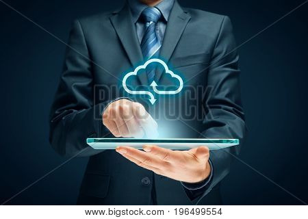 Cloud computing concept - connect devices to cloud. Businessman or information technologist with cloud computing icon.