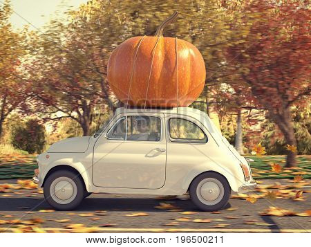 3d rendering. woman driving with big pumpkin on car roof.