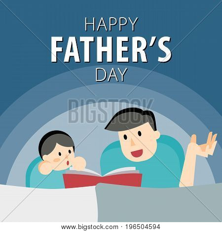 Happy Father's Day. Fathers day greeting card. Dad reading with his child. All in a single layer. Vector illustration.