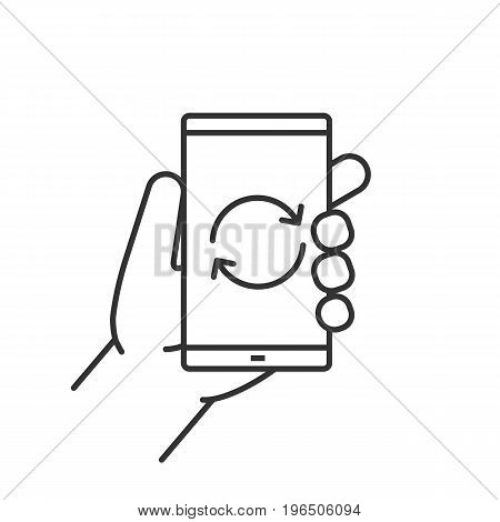 Hand holding smartphone linear icon. Thin line illustration. Smart phone restart contour symbol. Vector isolated outline drawing