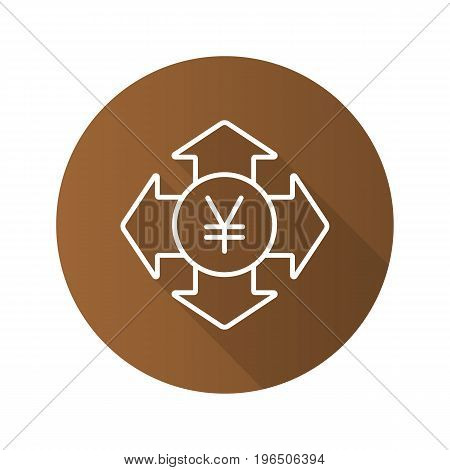 Money spending flat linear long shadow icon. Expanses. Japanese yen with all direction arrows Vector outline symbol