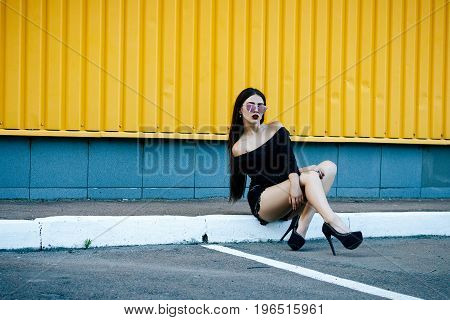 Gorgeous Brunette Girl With A Beautiful Make-up In Fashionable Clothes: A Black Blouse And Shorts Wi