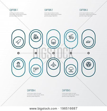Battle Outline Icons Set. Collection Of Officer, Atomic Bomb, Weapon And Other Elements
