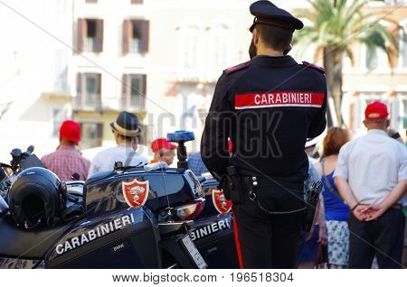 Rome, Italy - June 15 2017: Carabinieri military officer on duty in Spanish Steps in Rome, Italy