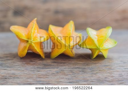 Star Fruits On Wooden Table. Thai Fruit : Star Fruit Is Popular In Asia, Sweet Taste Fruits. Star Fr