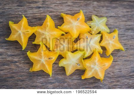 Star Fruits On Wooden Table. Thai Fruit : Star Fruit Is Popular In Asia, Sweet Taste Fruits. Star Fr