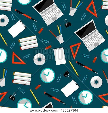 Office supllies colored vector. Stationery tools collection. Clip, laptop, clock, book and note etc