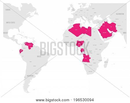 OPEC, Organization of the Petroleum Exporting Countries. World map with pink highlighted member states since 2017. Vector illustration.