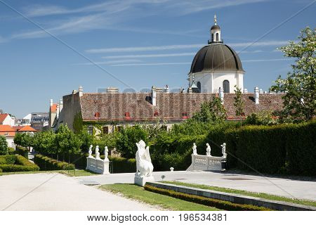Garden Of Belvedere Palace And The Salesianer Church In Vienna