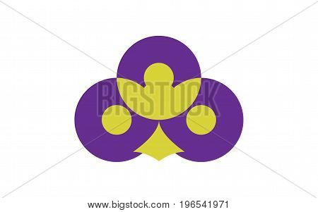 Vector logo emblem symbol head of an owl of lilac and yellow circles and other geometric shapes on a white background.