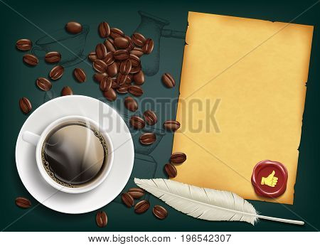 Cup with a coffee and beans on the table. Retro background for food and drinks. Stock vector illustration.