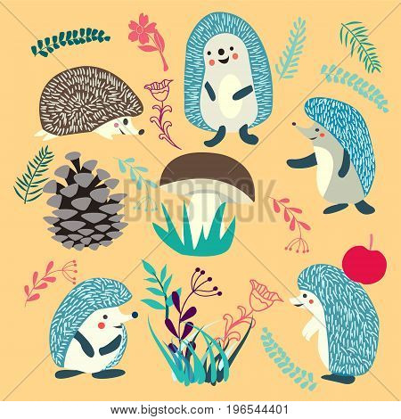Vector hedgehog cute. Cute Hedgehog forest animals set illustration