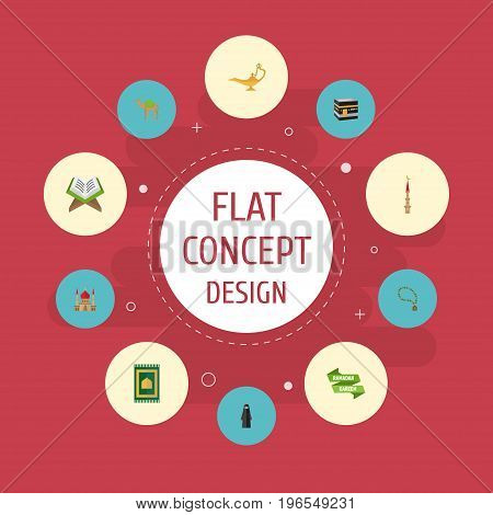 Flat Icons Minaret, Mecca, Muslim Woman And Other Vector Elements
