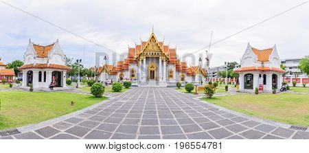 Bangkok , Thailand - 18 July, 2017: Panorama of Wat Benchamabophit Dusitwanaram landmark in Bangkok, Thailand / Outside of Wat Benchamabophit Dusitwanaram