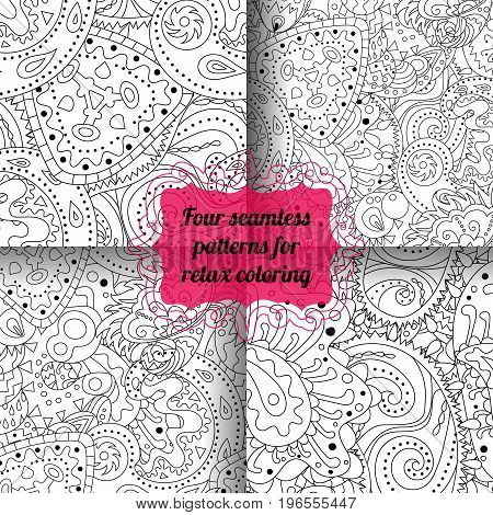 Set of antistress coloring pages with zentangle elements. Seamless patterns with abstract ornaments for relax coloring.