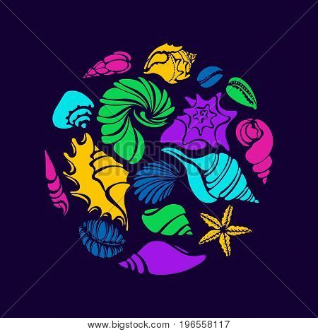 Color set of silhouettes of seashells in circle. Starfish, shell, conch, spiral, helix. Vector. Template