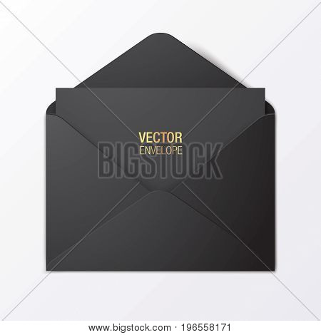Black vector envelope template. Black opened envelope lying on a red background. Realistic mockup.