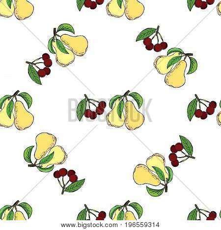 Cherry pear hand drawn pattern. Object isolated.