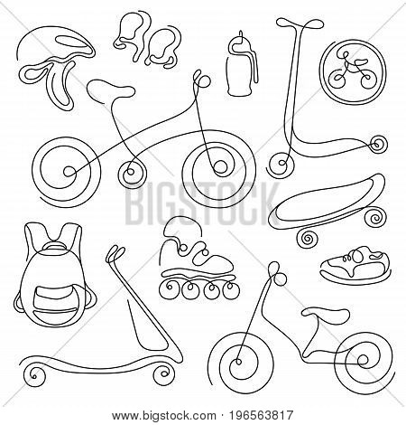 Line art set. Doodle sketch of sporting goods for kids. Vector icons Illustration. Summer children's holiday