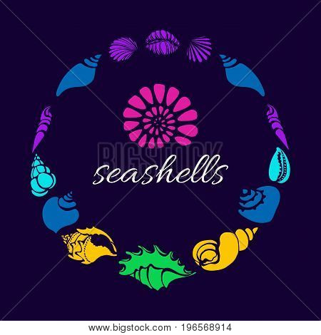 Color set of silhouettes of sea shells in circle. Shell conch spiral helix. Symbol of undersea world. Place for text. Vector shape. Template for greeting card wallpaper background.