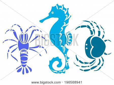Set of crab sea horse cancer. Sketch style vector illustration. Marine collection.