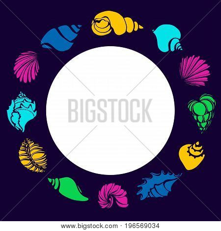 Color set of silhouettes of seashells in circle. Shell conch spiral helix. Vector shape. Template