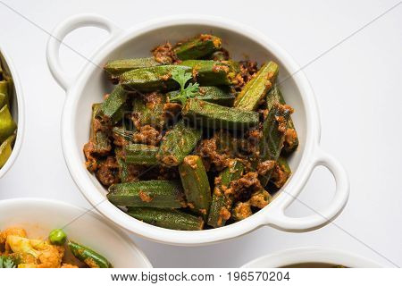 Indian masala fried bhindi or bhendi or Okra or ladyfinger curry or sabji, selective focus