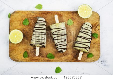 Homemade mint ice-cream with chocolate chips on a simple background. Top View.