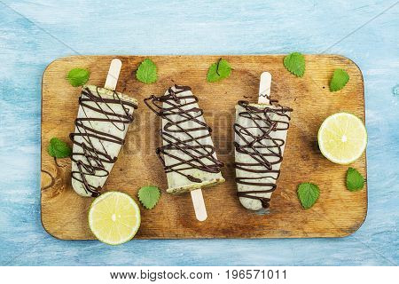 Homemade mint ice-cream with chocolate chips on a simple background. Top View.