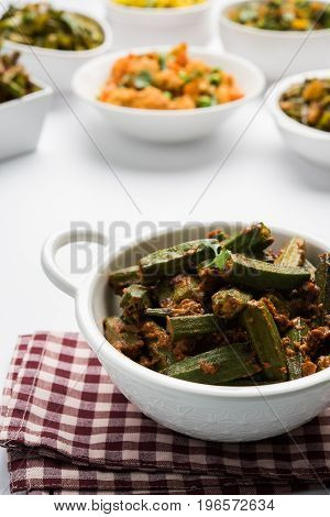 Indian masala fried bhindi or bhendi or Okra or ladyfinger curry or sabji, selective focus