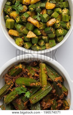 Indian masala fried bhindi or bhendi or Okra or ladyfinger curry or sabji, selective focus