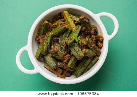 Indian masala fried bhindi or bhendi or Okra or ladyfinger curry or sabji, selective focus