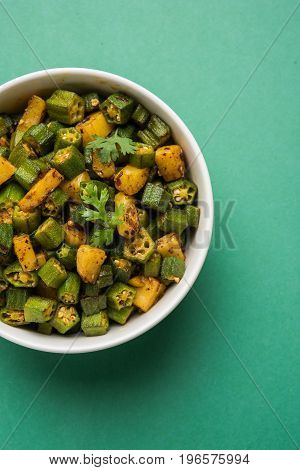 Indian masala fried bhindi or bhendi or Okra or ladyfinger curry or sabji, selective focus